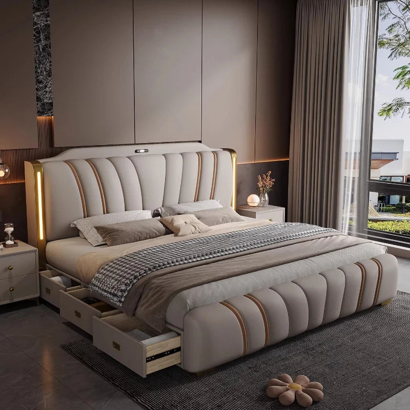 Luxury modern grey upholstered bed with vertical channel tufting, integrated LED lighting, and built-in storage drawers.