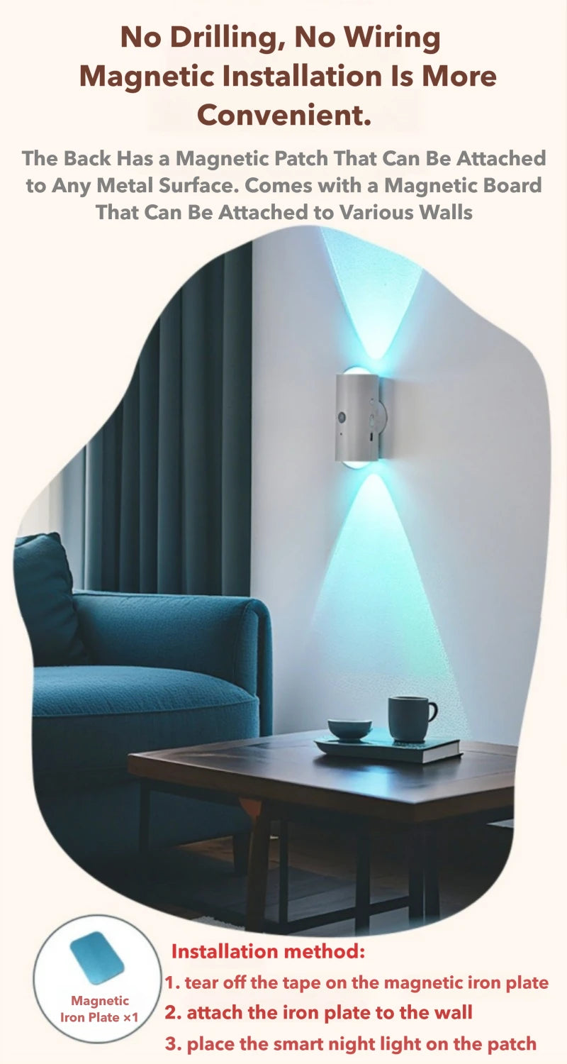 Rechargeable silver LED wall lamp casting blue ambient light. Magnetic, drill-free installation shown on a wall.