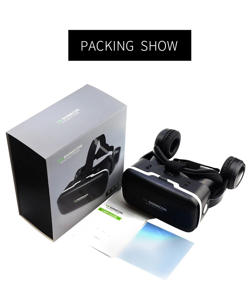 Black 3D virtual reality headset with integrated headphones, shown with its white packaging box and user guide.