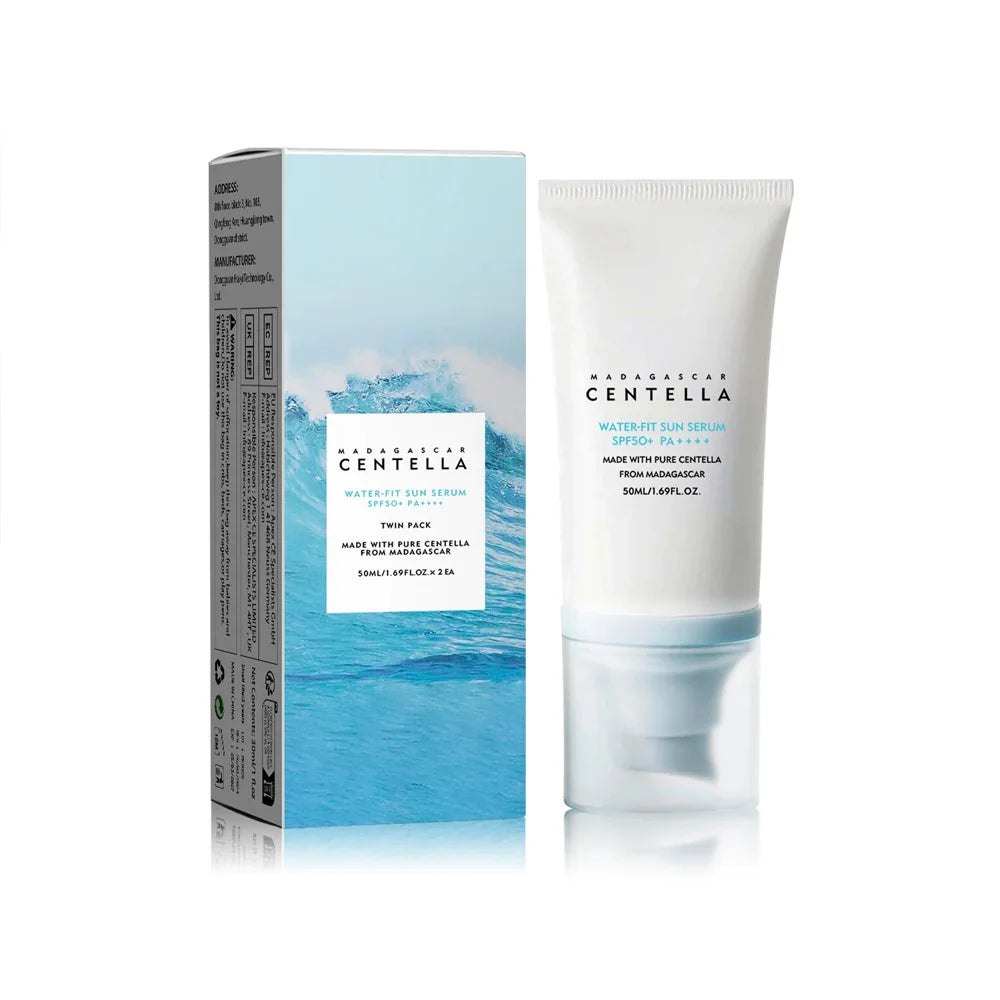 White 50ml sun serum tube with a blue-themed box, featuring SPF50+ PA++++ protection and centella extract.