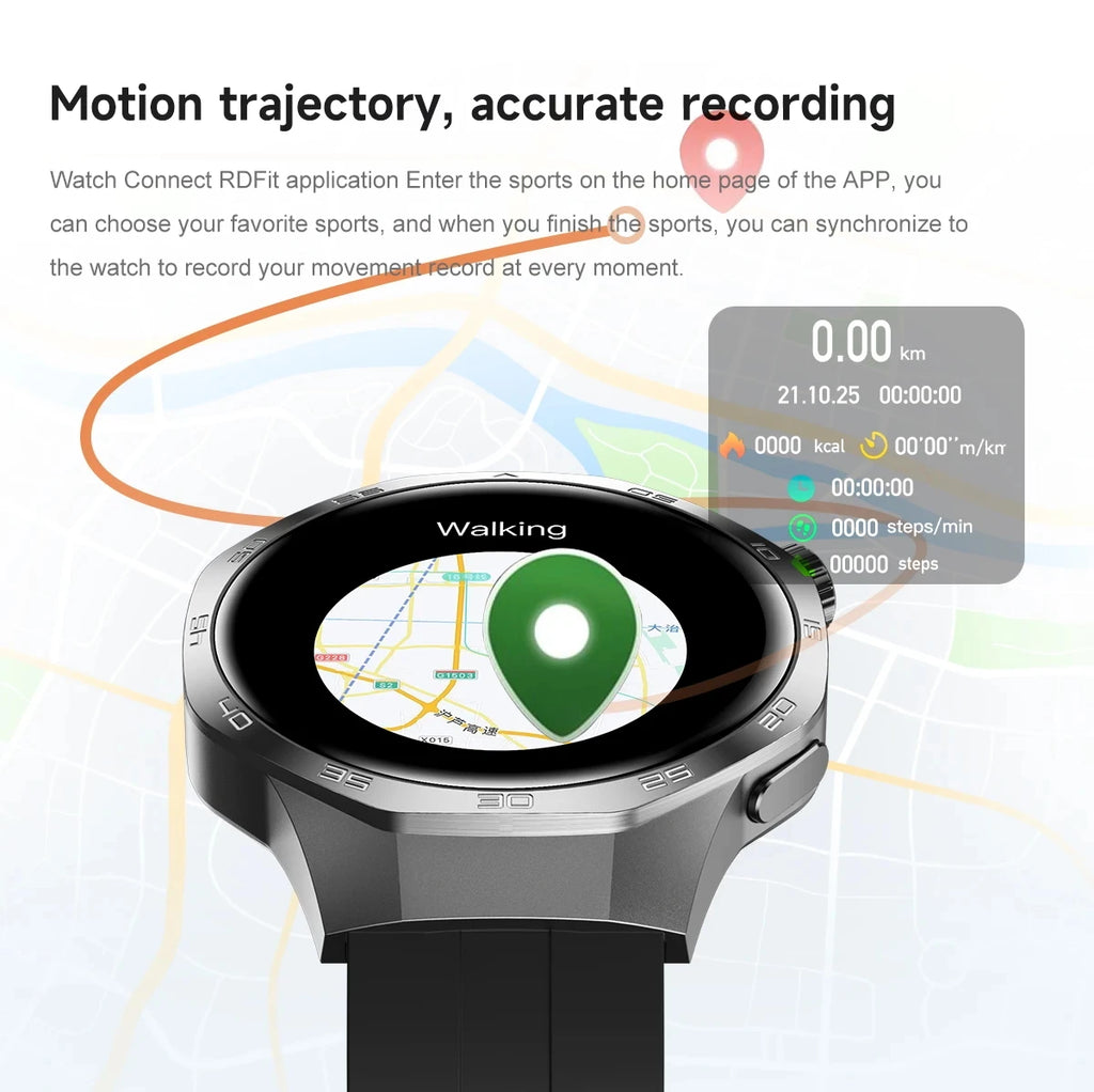 Silver smart watch with a black strap, featuring an HD circular display showing map navigation and activity tracking.