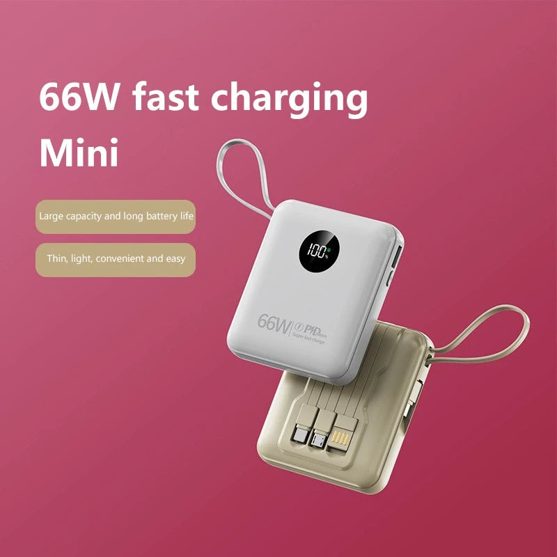 Compact white and gold power banks with digital battery displays, integrated charging cables, and carry loops.