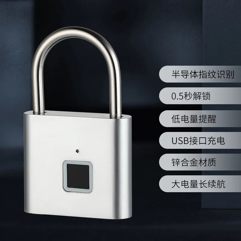 Silver zinc alloy padlock with a fingerprint sensor, USB charging port, and fast 0.5-second unlocking.