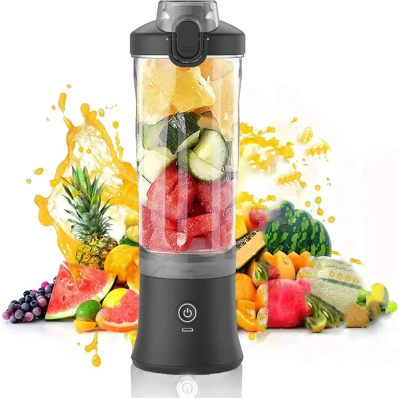 Portable black electric blender filled with fresh fruit and vegetables, set against a colorful fruit splash background.