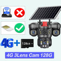 A 4G three-lens security camera with a solar panel, SIM card support, and a 128GB memory card.