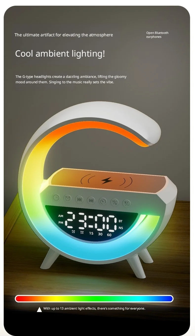 White, G-shaped smart alarm clock with a vibrant LED light ring, digital display, and top-surface wireless charging.