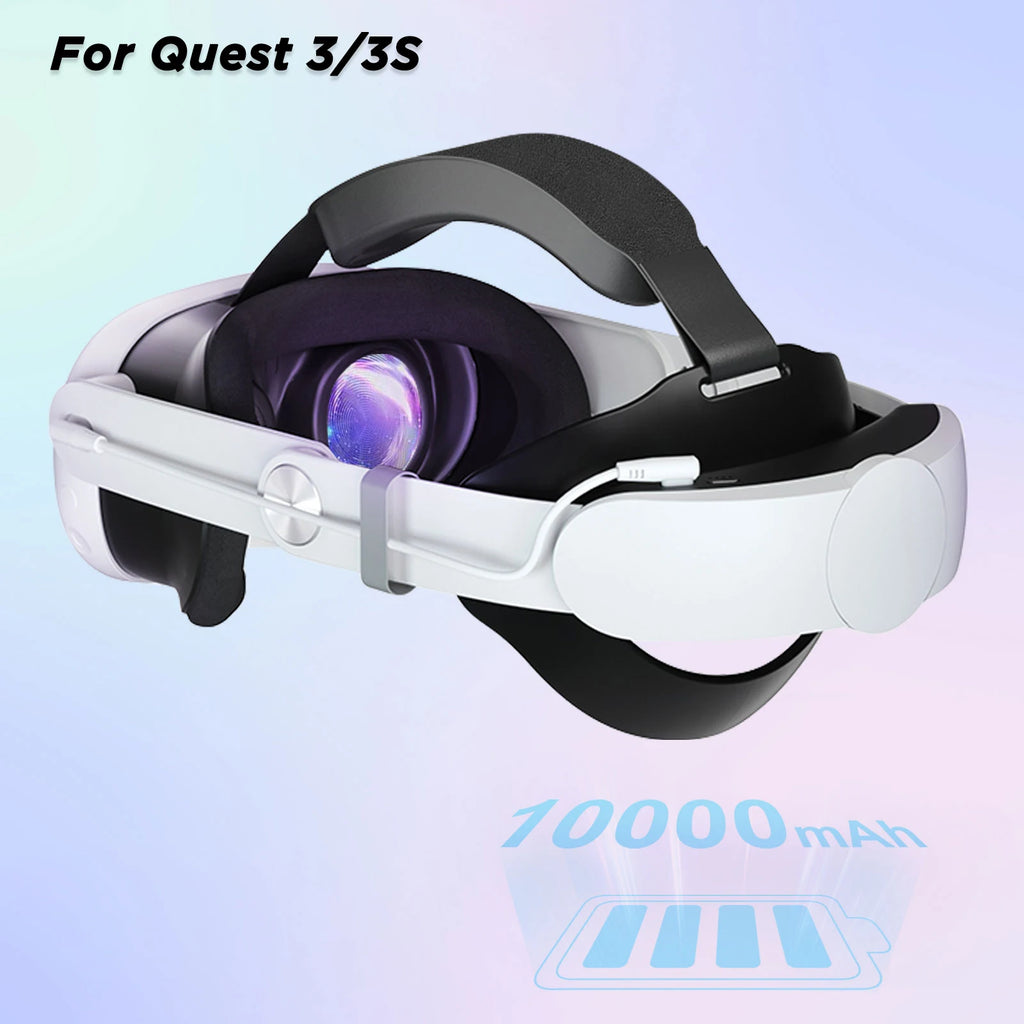 White and black VR headset replacement head strap with a 10000mAh battery pack, top strap, and charging cable.