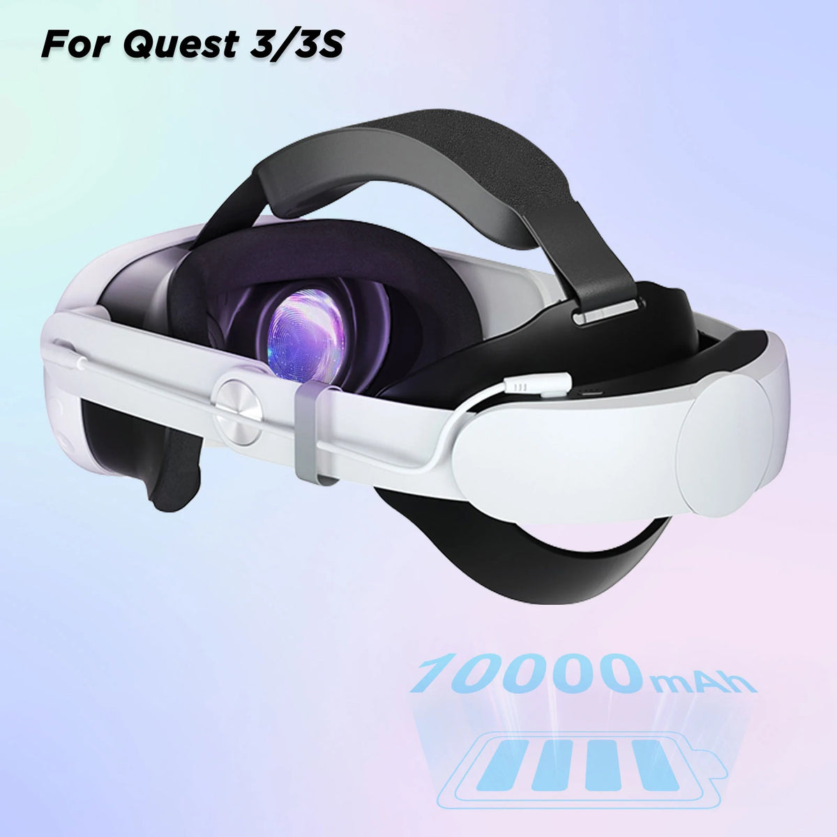White and black VR headset replacement head strap with a 10000mAh battery pack, top strap, and charging cable.