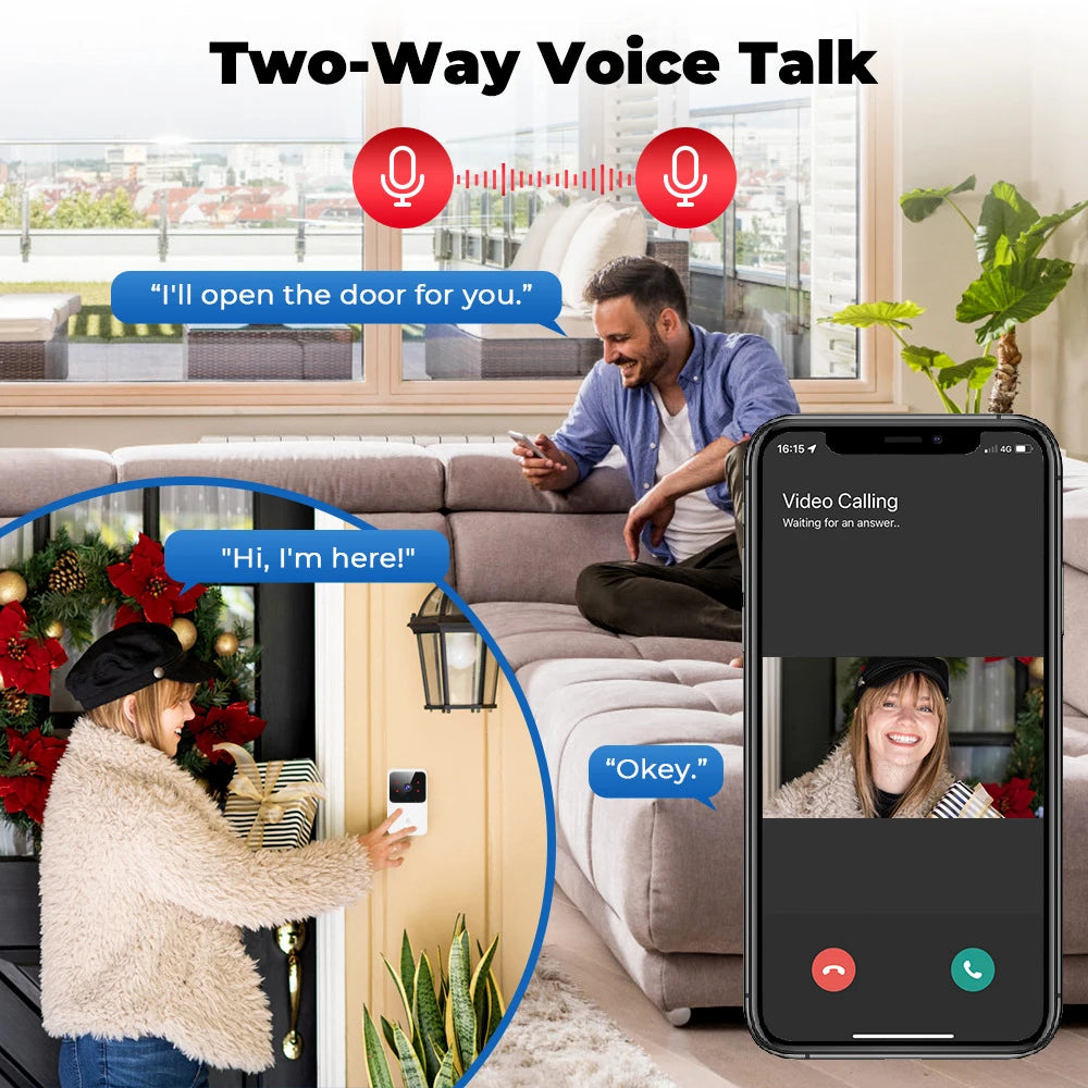 A modern, sleek white WiFi video doorbell showing two-way voice communication between a visitor and a homeowner via app.