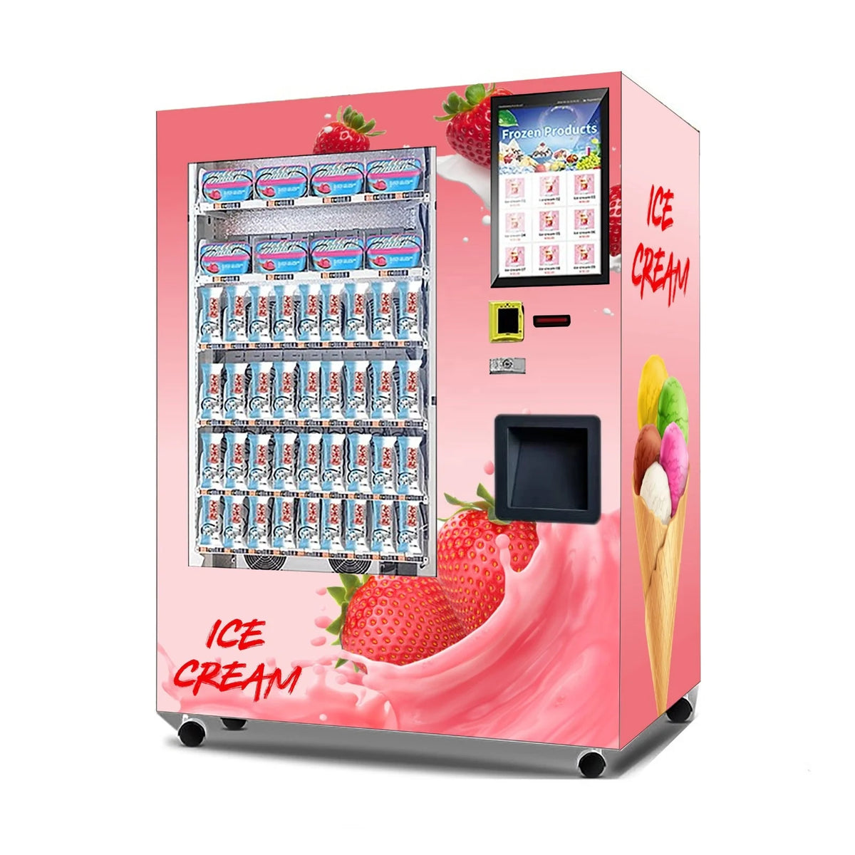 Pink ice cream vending machine with touchscreen, product display window, and strawberry graphics.