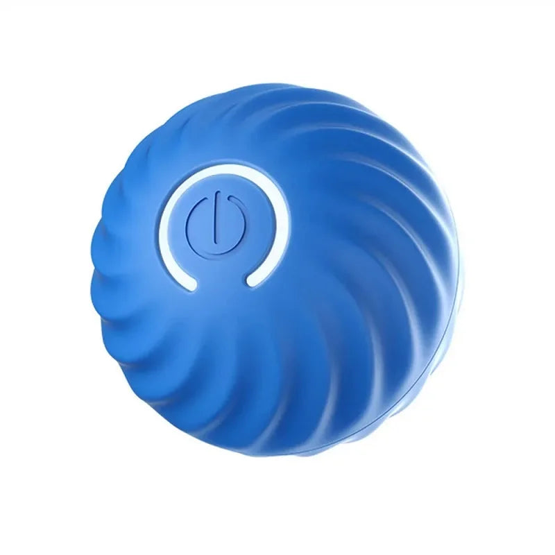 Bright blue interactive dog toy ball with a textured spiral design and a central power button.