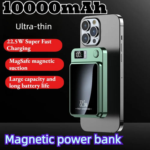 Green magnetic power bank attached to a grey smartphone, featuring a digital LED display showing battery percentage.