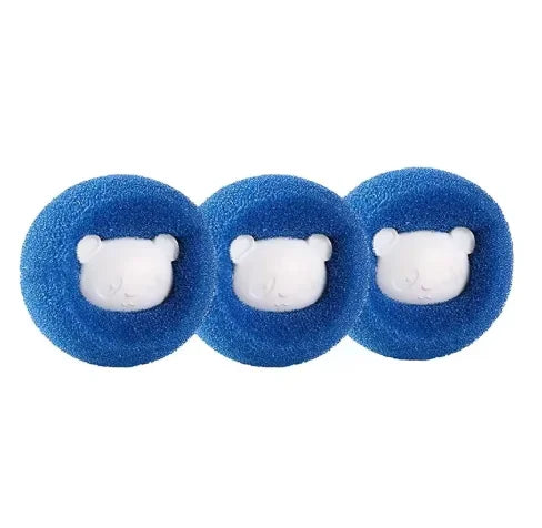 Three blue circular laundry lint remover sponges, each featuring a white 3D bear face in the centre.