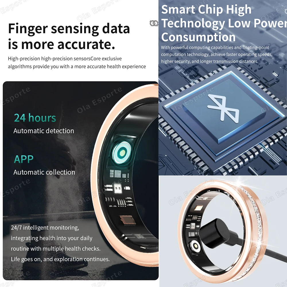 Rose gold smart health tracking ring with internal sensors, 24/7 monitoring, and magnetic charging capabilities.