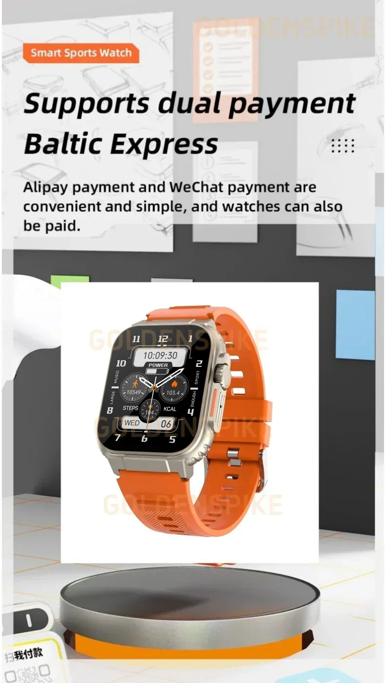 Silver 4G Android smartwatch with a bright orange silicone strap and a sleek, modern touchscreen display.