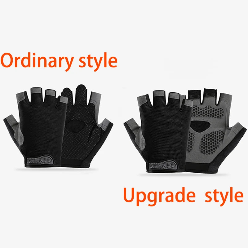 Comparison of ordinary and upgraded black fingerless gym gloves with textured palm grips.