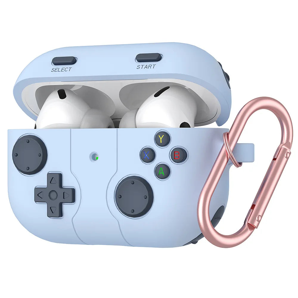 Light blue silicone game controller case for AirPods Pro with a rose gold carabiner.
