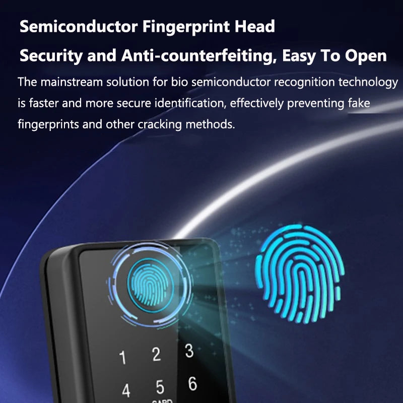 Black digital door lock with a glass touchscreen keypad and a semiconductor fingerprint scanner.