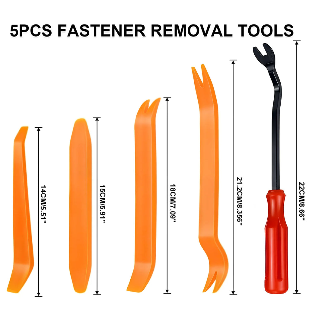 Five orange and black plastic car fastener removal tools of varying lengths with dimension markings.