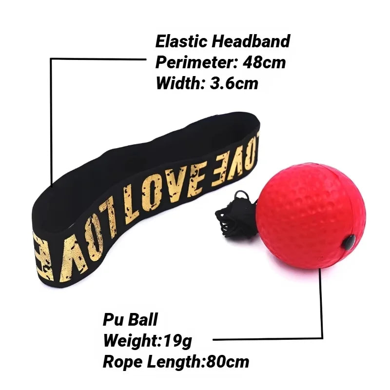 Boxing reflex ball with red foam ball on a cord and black elastic headband featuring gold 'LOVE' text.