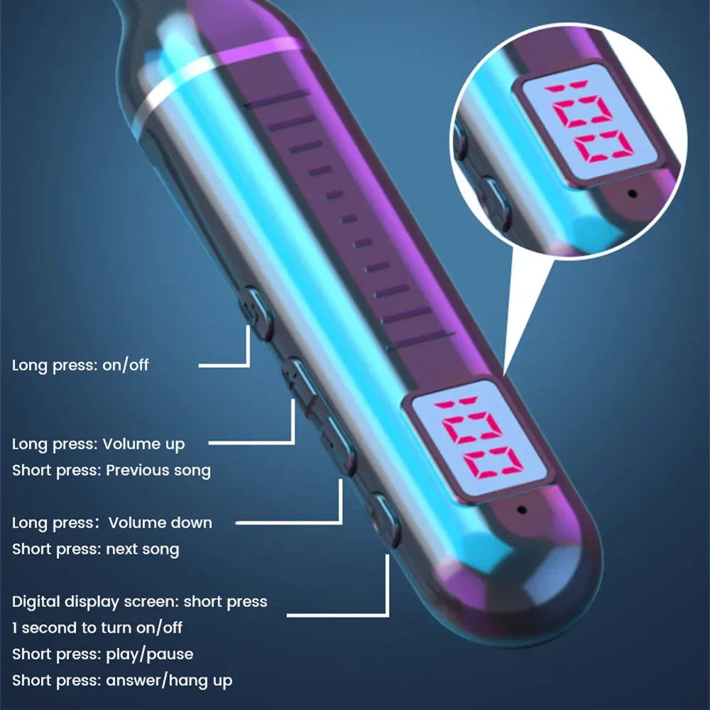 Iridescent wireless neckband earphones featuring a digital battery LED display and clearly labelled control buttons.