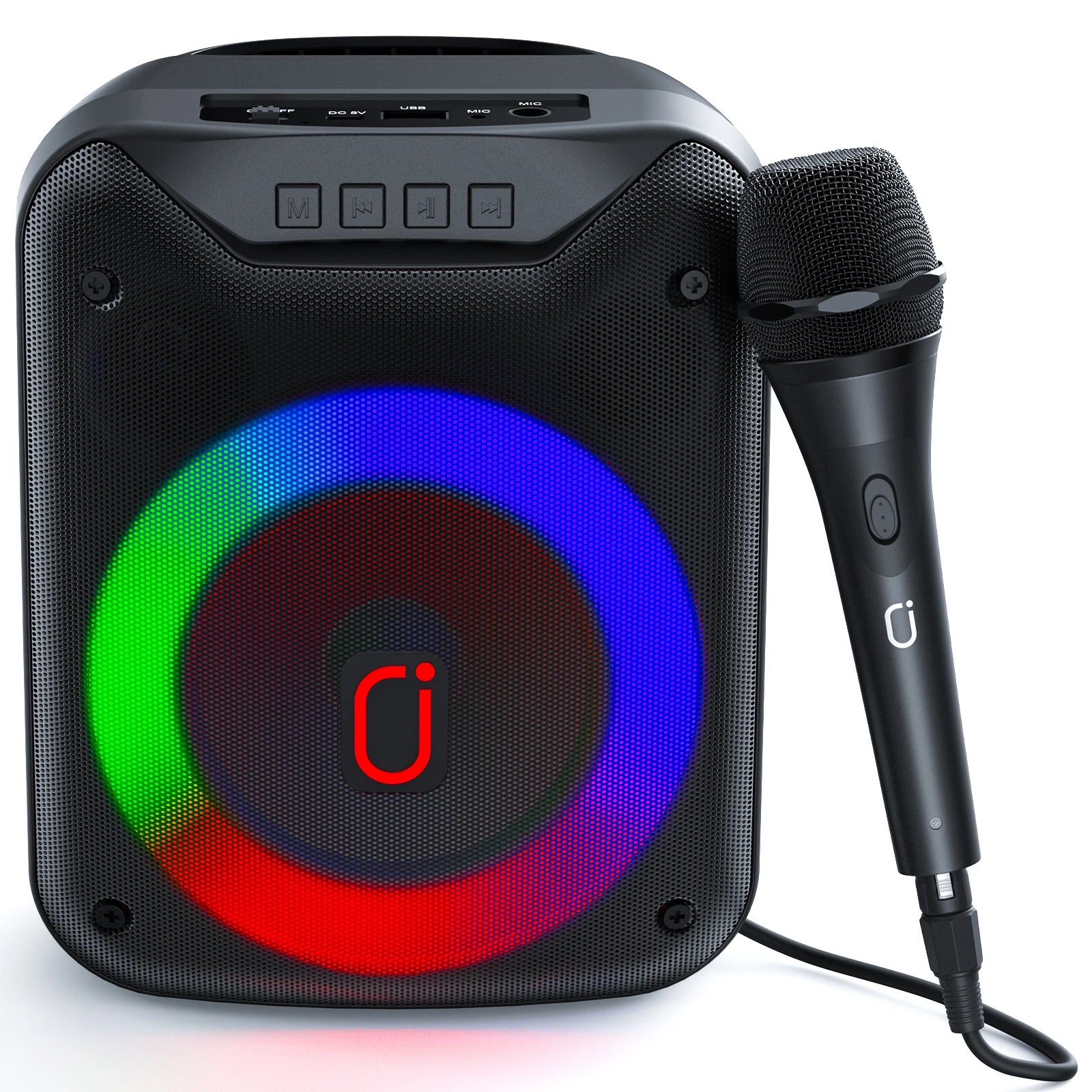 Black portable speaker with a circular multi-coloured LED light ring and an included wired microphone.