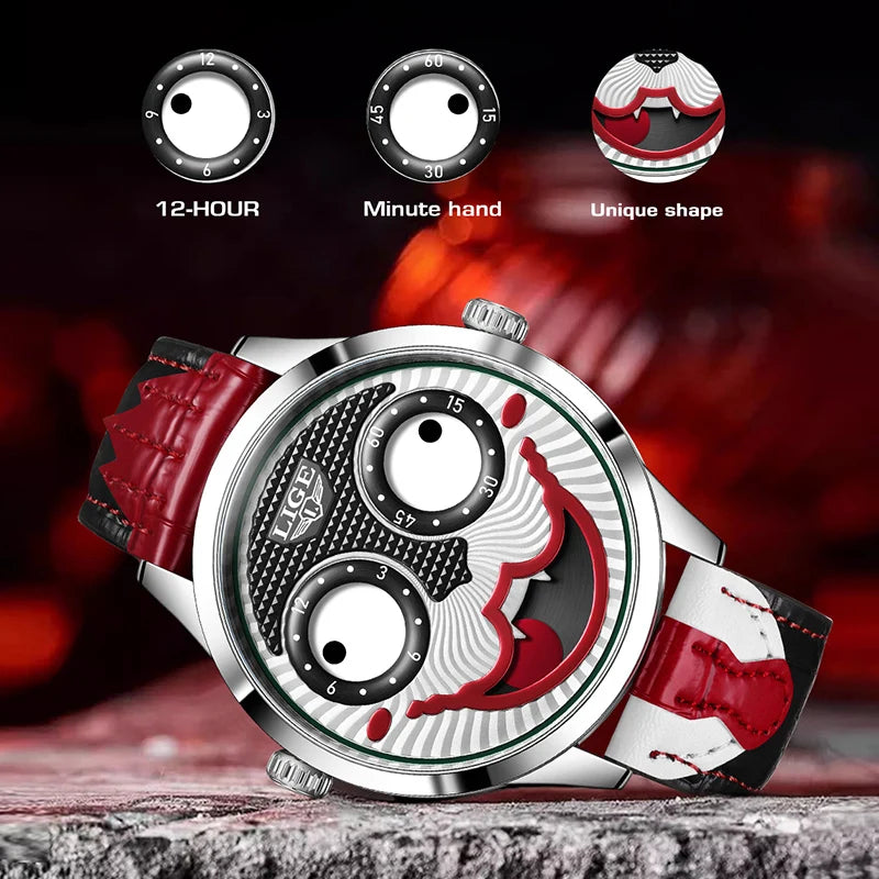 LIGE quartz watch with silver round case, red-and-white leather strap, and a Joker face dial with rotating eye sub-dials.