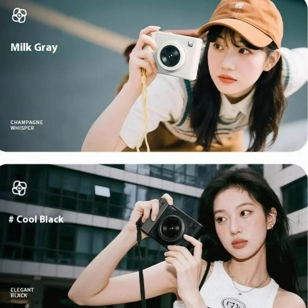 Two women holding compact cameras in Milk Gray and Cool Black colorways, styled for a modern lifestyle.