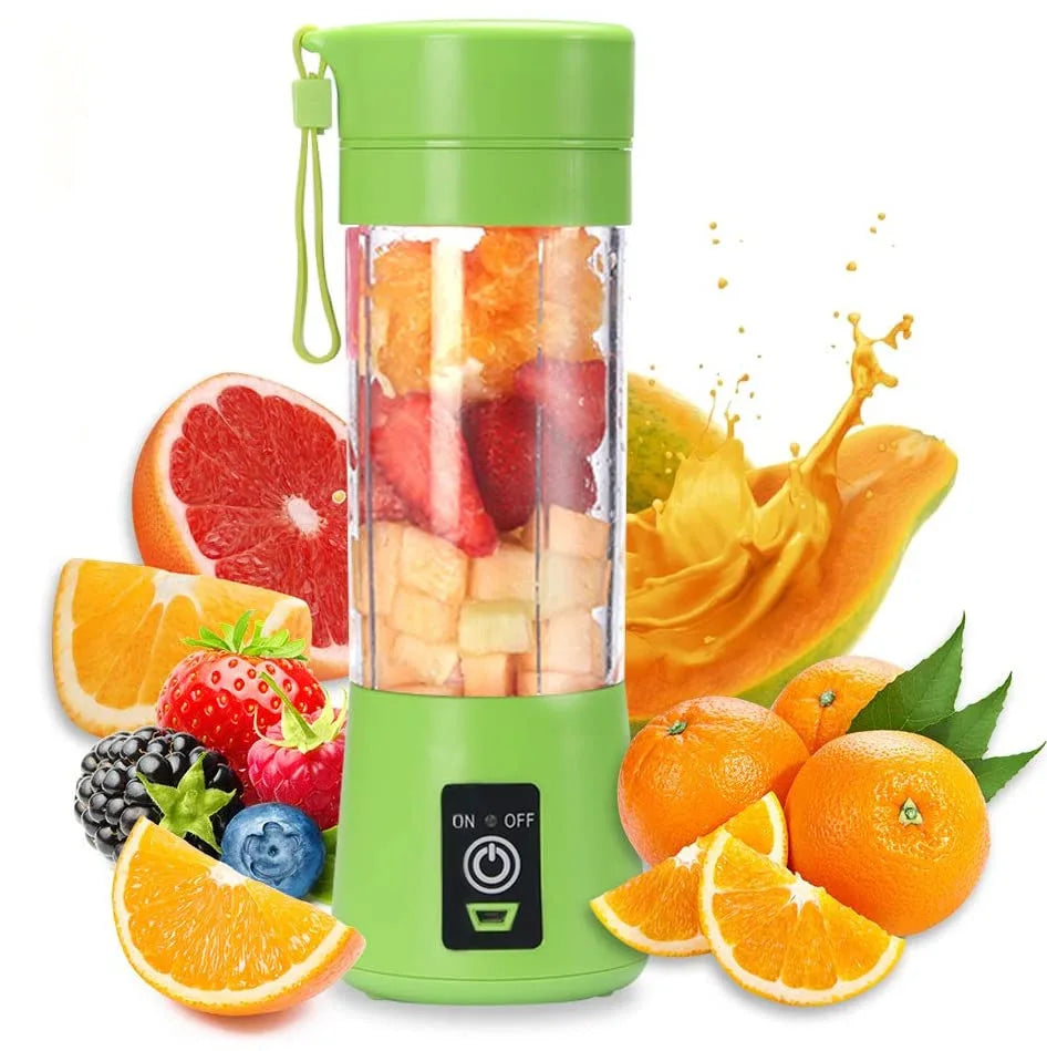Portable lime green personal blender with a clear cup filled with chopped fruit, surrounded by fresh citrus and berries.