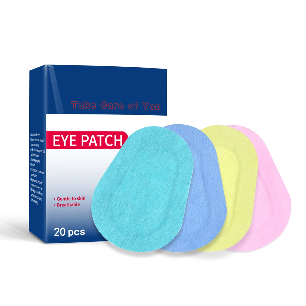 Box of 20 multicolored, soft, breathable, non-woven fabric eye patches in teal, blue, yellow, and pink.