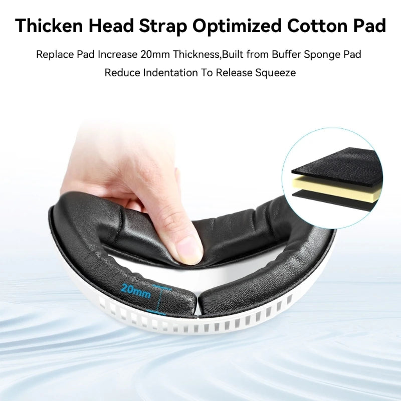 White VR head strap featuring a plush, 20mm thick black sponge cushion for extra comfort and reduced pressure.