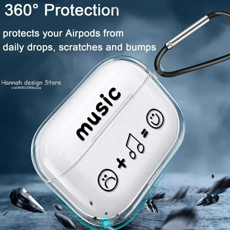 Clear protective silicone AirPods case with 'music' and smiley face graphic, includes a black carabiner clip.