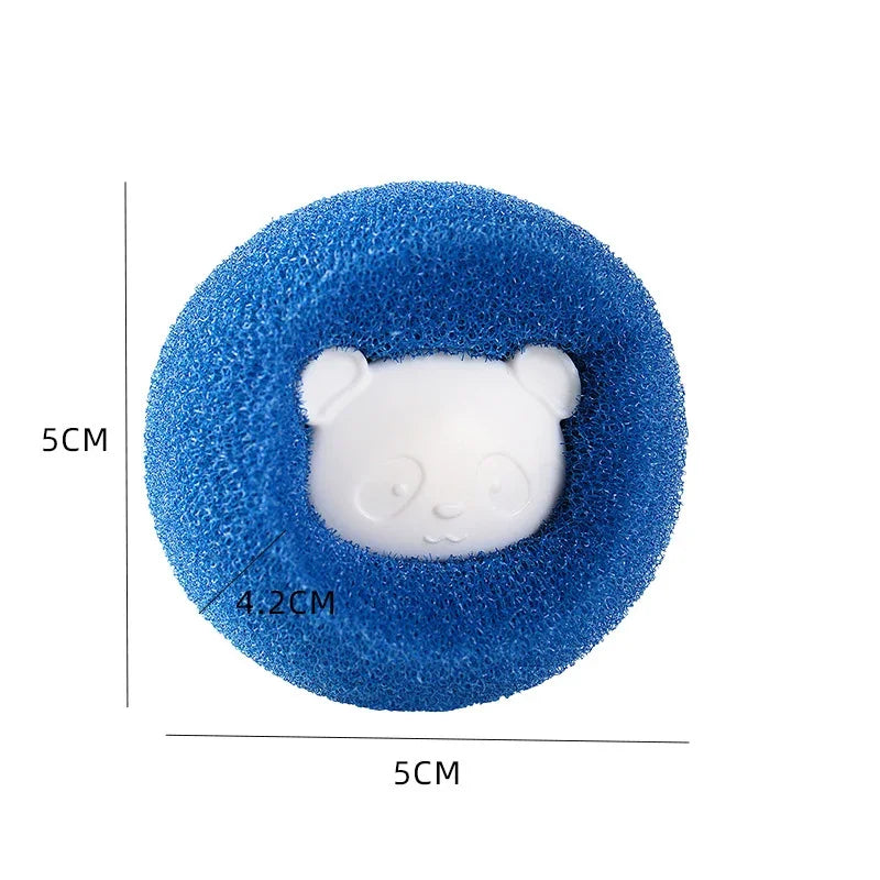 A round blue scrubbing sponge with a white bear-shaped centre, labelled with 5cm dimensions.