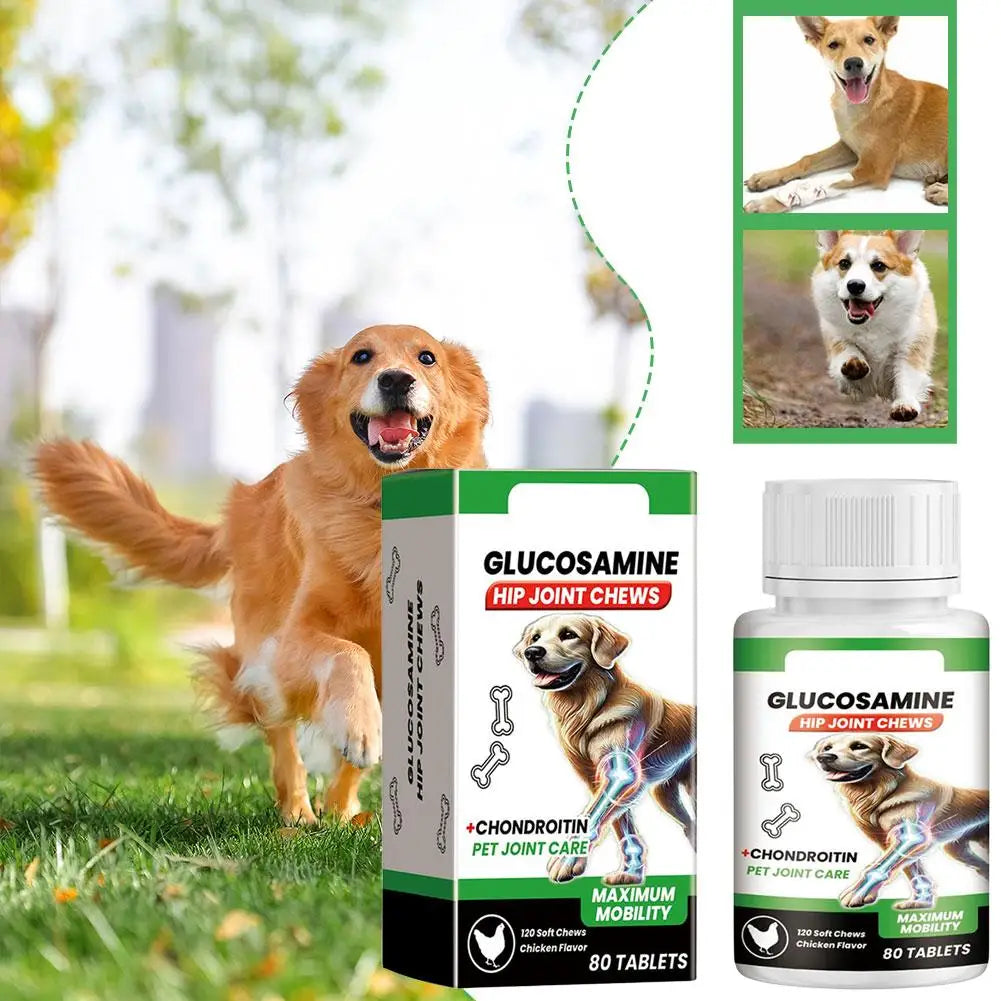 Glucosamine hip and joint soft chews for dogs, chicken flavoured, in a white bottle and box with a 80-tablet count.
