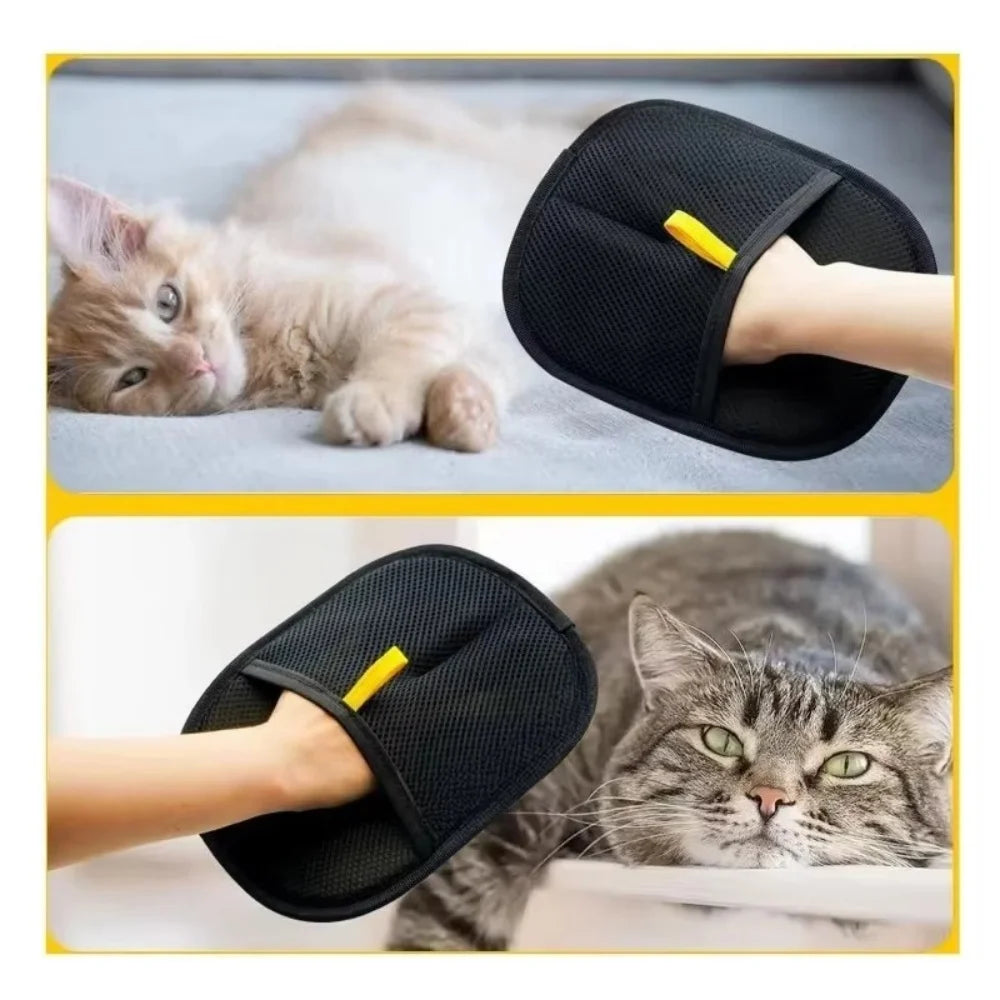 Black mesh pet grooming glove with a yellow tab being used to stroke two different cats.