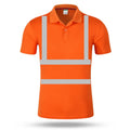 Bright orange short-sleeved high-visibility work polo shirt with reflective silver stripes.