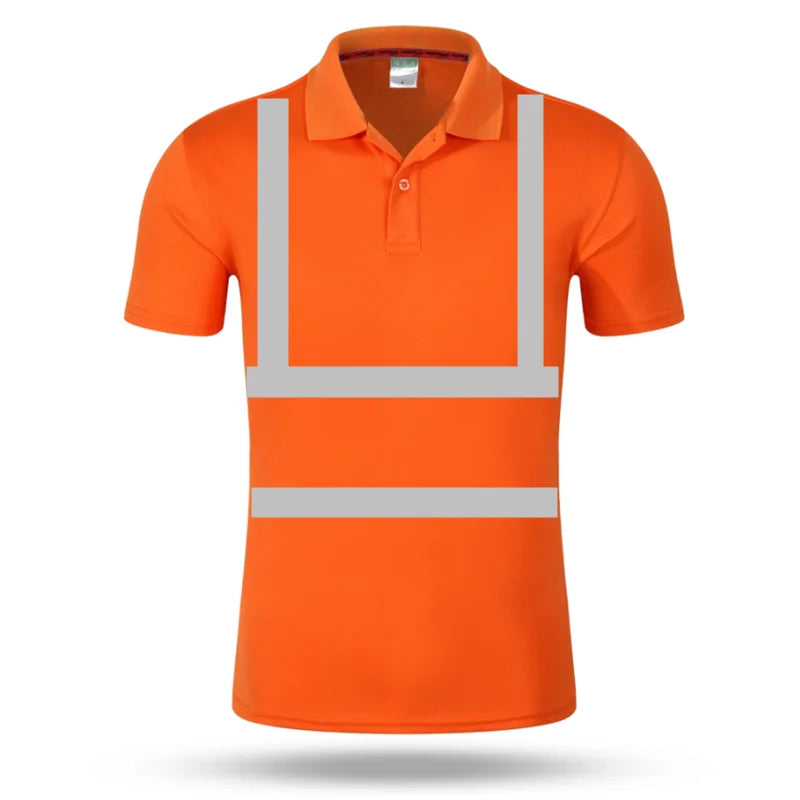 Bright orange short-sleeved high-visibility work polo shirt with reflective silver stripes.
