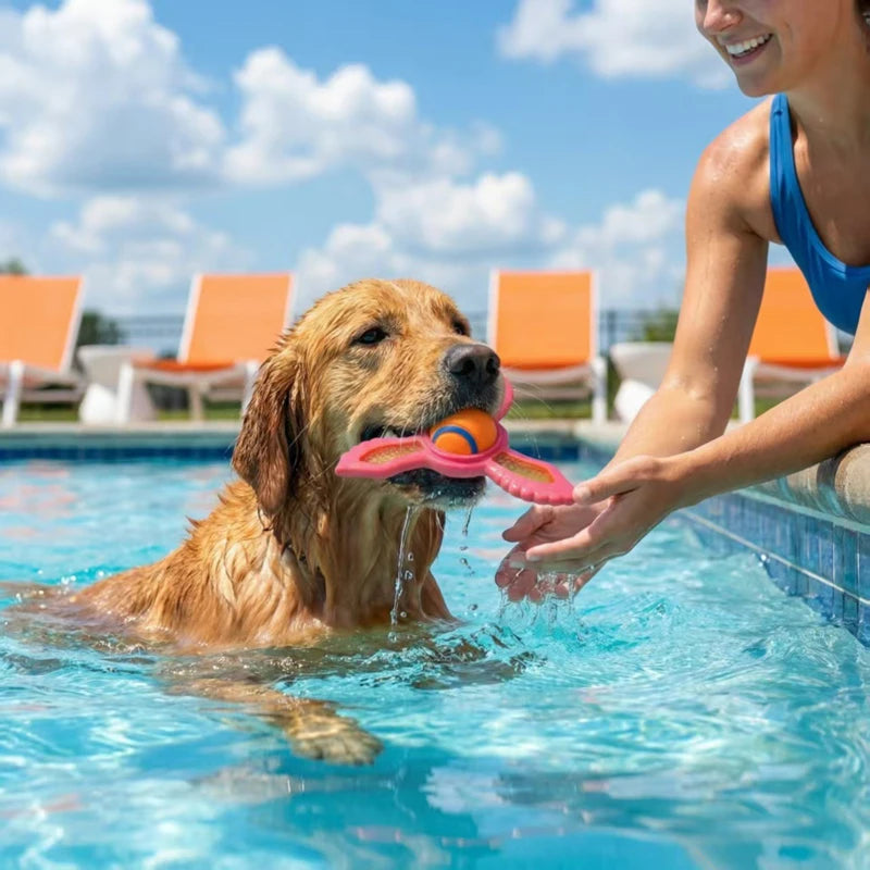 A golden retriever holds a pink, star-shaped floating fetch toy with an orange centre while swimming in a pool.