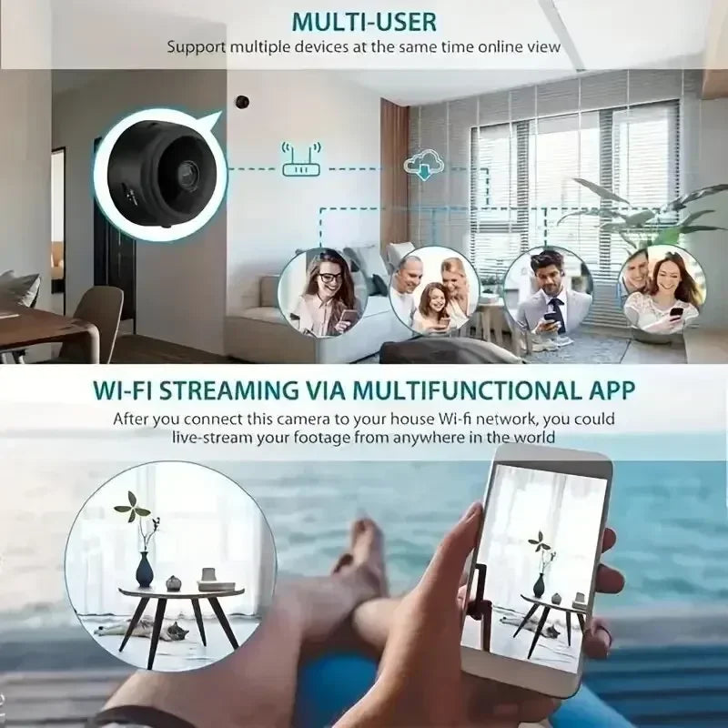 Black plastic mini Wi-Fi security camera for multi-user live streaming via smartphone app.