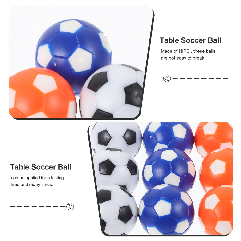 Set of durable plastic foosball balls in blue, orange, and classic black and white designs.