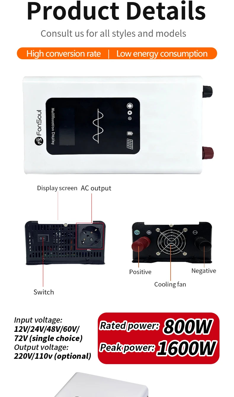 White 2000W pure sine wave power inverter with digital display, cooling fan, power switch, and AC output socket.