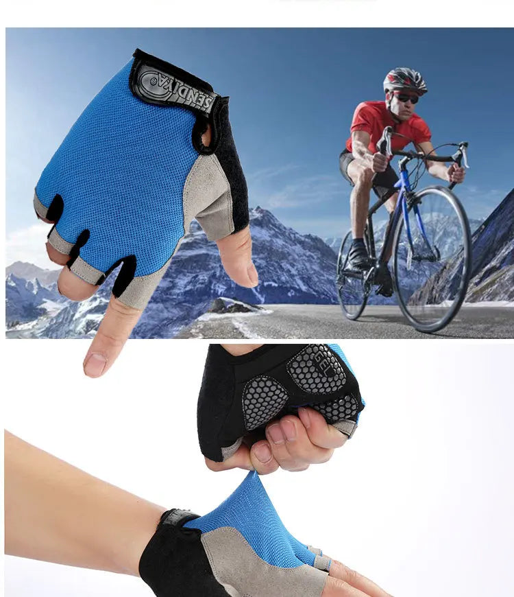 Blue fingerless cycling gloves with grey accents, anti-slip gel padding on the palm, and Sendiya branding.