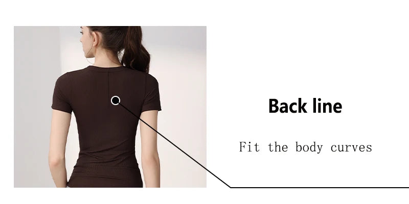 Dark brown, short-sleeved, ribbed fitness t-shirt shown from the back to highlight its body-curving, fitted design.