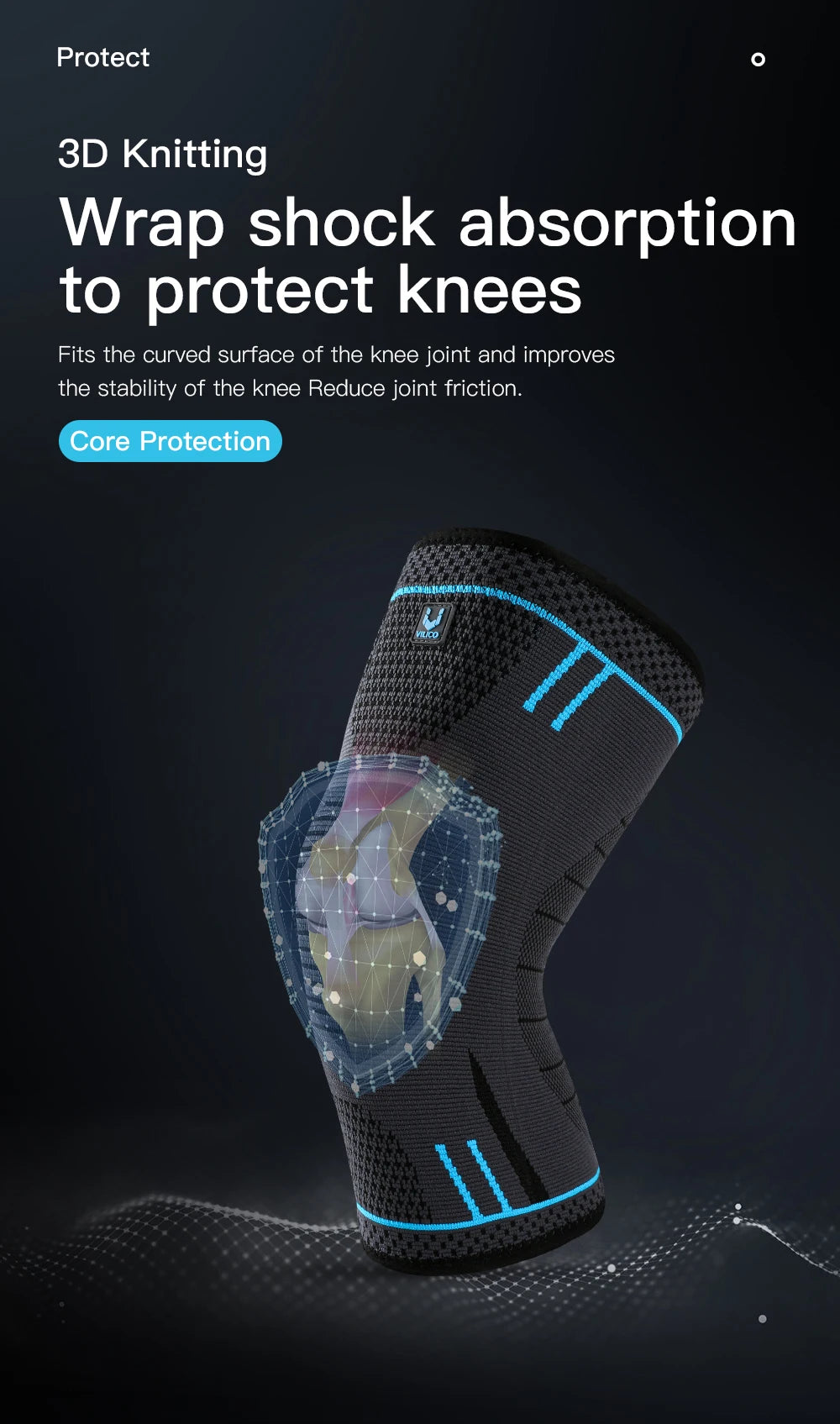 Grey and black 3D-knit knee support sleeve with blue trim and a holographic anatomical knee joint graphic.