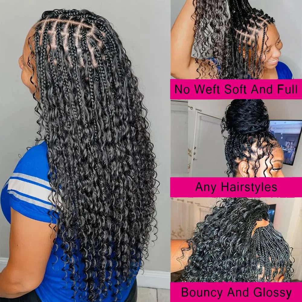 Black human hair bundles styled into long, bouncy, deep wave box braids with loose, curly ends.
