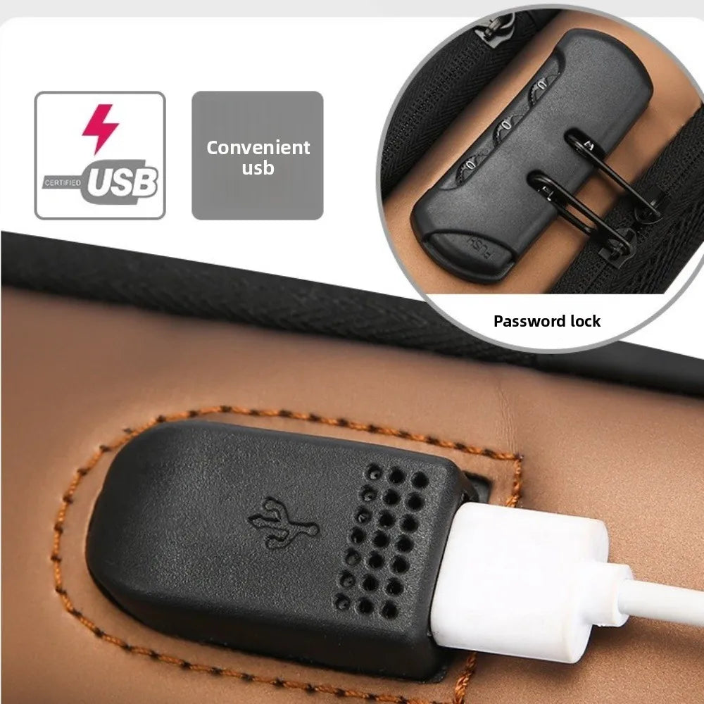 Tan brown anti-theft chest bag with an integrated USB charging port and a secure three-digit combination zip lock.