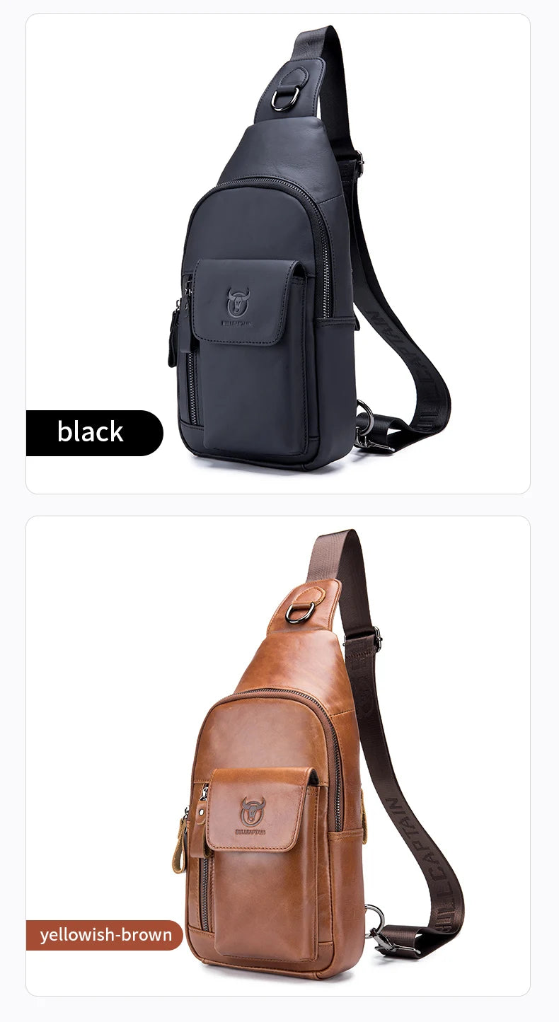 Two sling bags in black and tan leather, featuring an adjustable strap, zip compartments and a front flap pocket.