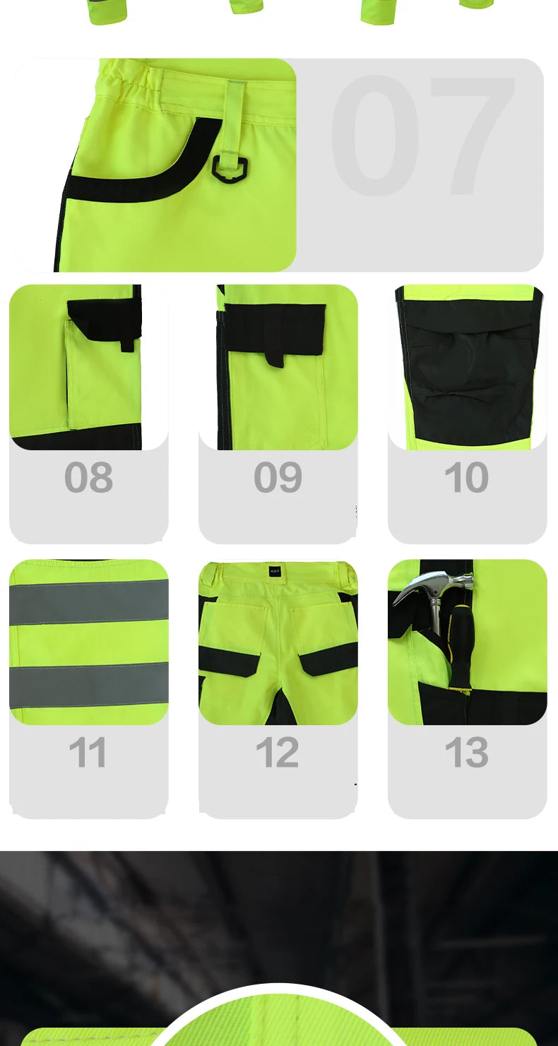 High-visibility yellow work trousers with black accents, reflective strips, multiple pockets, and tool loops.