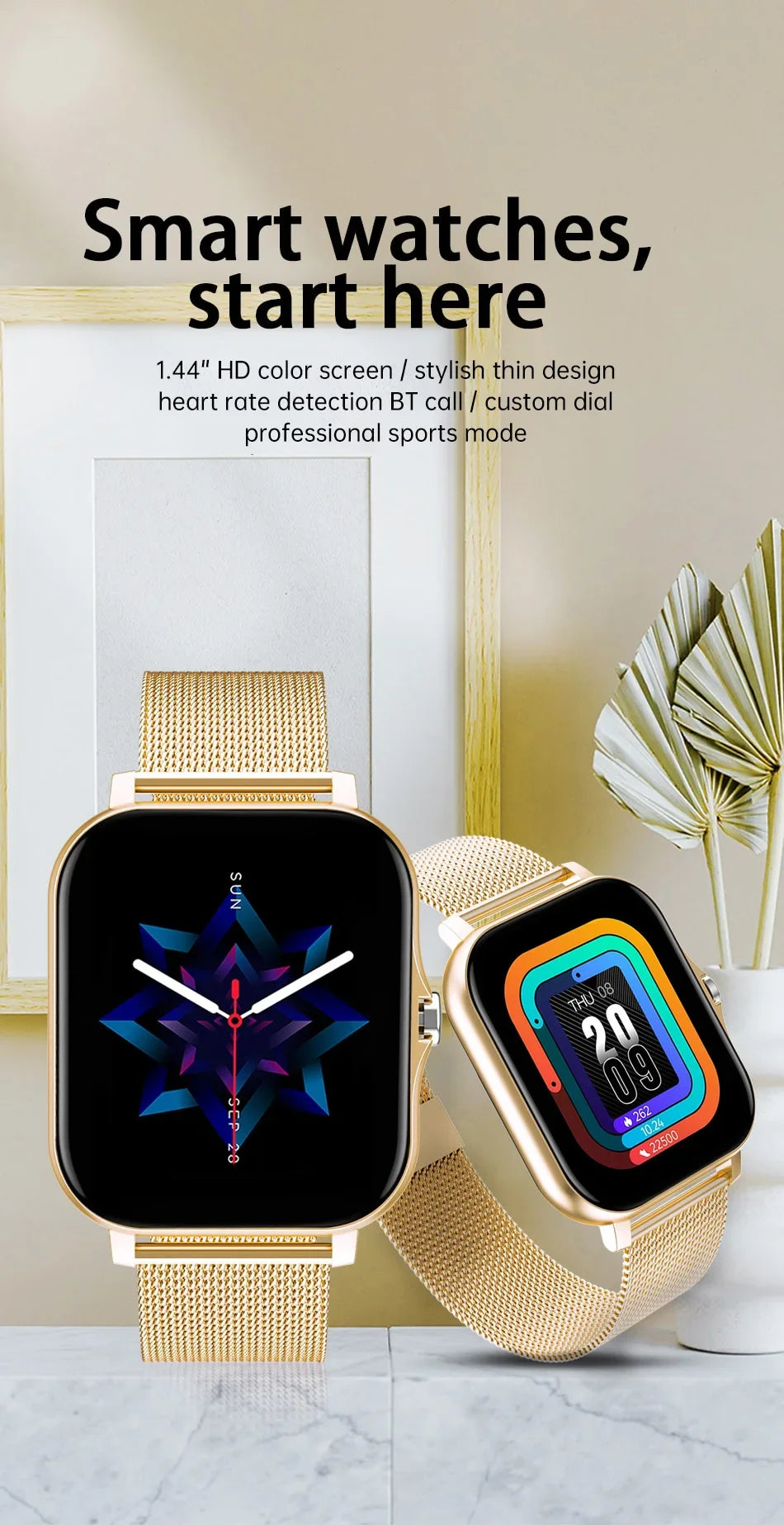 Stylish gold smart watch with 1.44-inch touch screen, Bluetooth calling, and a metallic mesh strap.