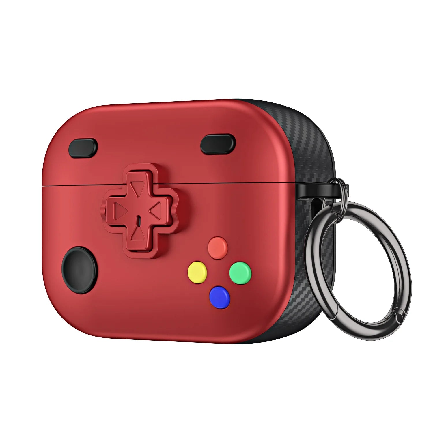 Red retro gaming controller style case for AirPods Pro, featuring a carbon fibre texture finish and metal keyring.